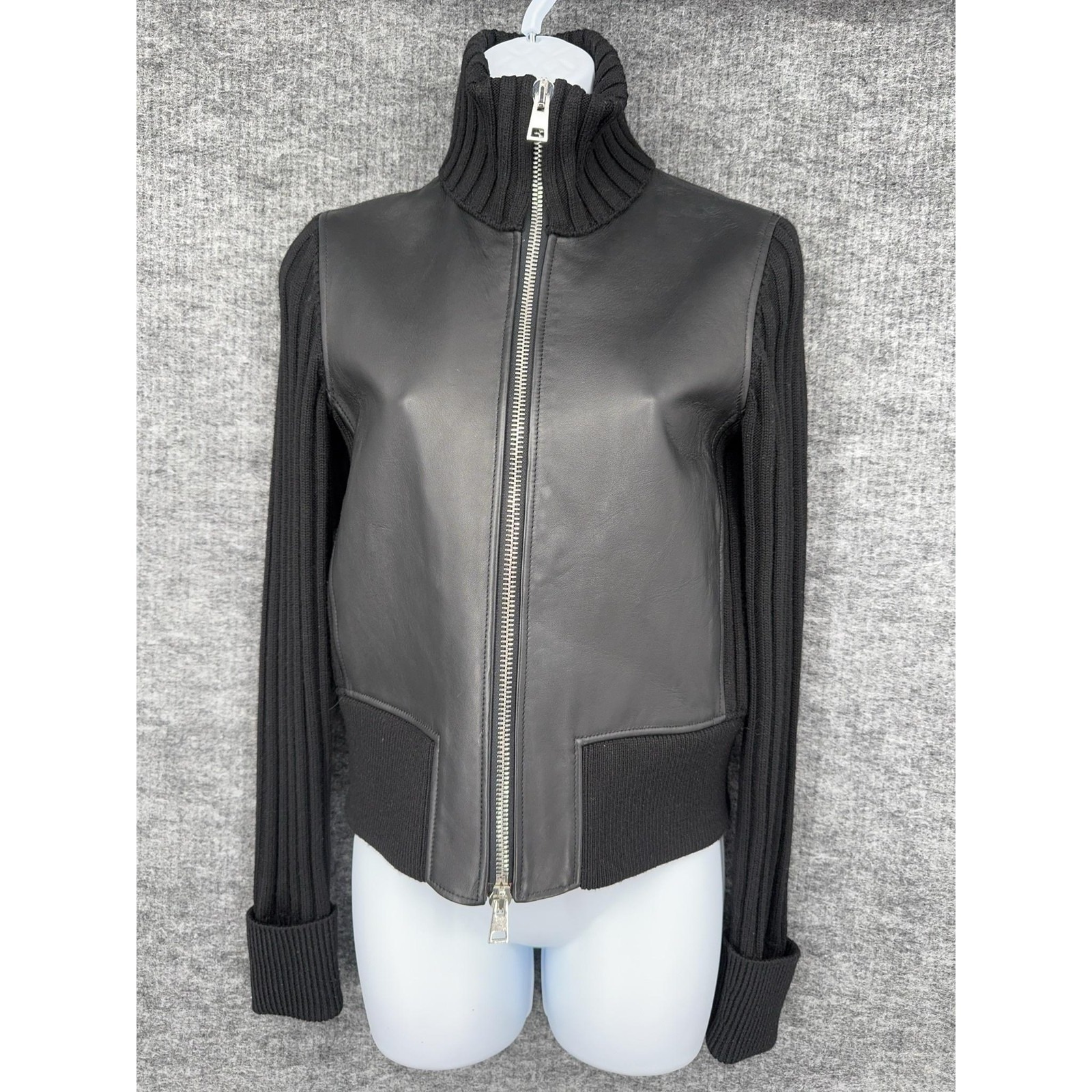 Theory Jacket Womens Small Black Lamb Bonded Leather Ribbed Knit Bomber Full Zip